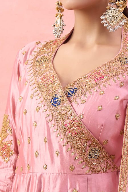 Surbhi Shah_Pink Organza Embroidery, Zari, Gota Patti V-neck Angarkha Set _Online_at_Aza_Fashions