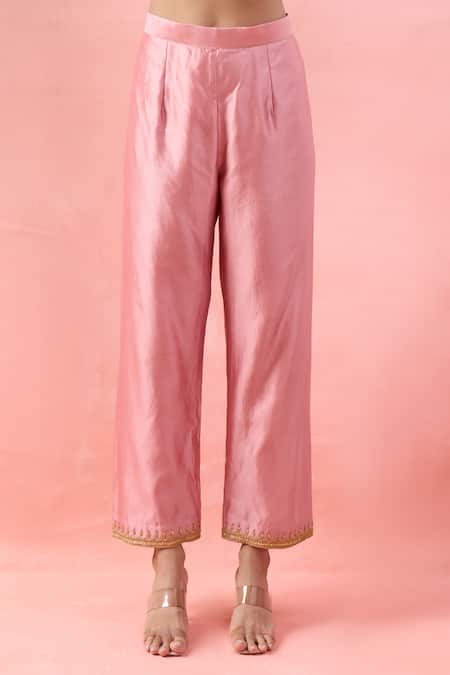 Buy_Surbhi Shah_Pink Organza Embroidery, Zari, Gota Patti V-neck Angarkha Set _Online_at_Aza_Fashions