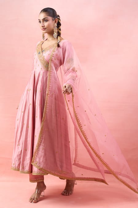 Surbhi Shah_Pink Organza Embroidery, Zari, Gota Patti V-neck Angarkha Set _at_Aza_Fashions