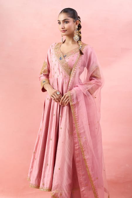 Buy_Surbhi Shah_Pink Organza Embroidery, Zari, Gota Patti V-neck Angarkha Set 