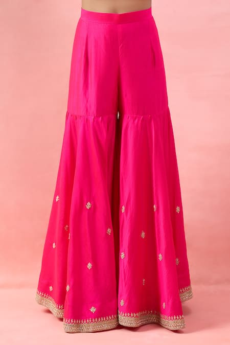 Surbhi Shah_Red Embroidery, Zari, Gota Patti, Tassels V-neck Gulmohar Kurta Sharara Set _Online_at_Aza_Fashions