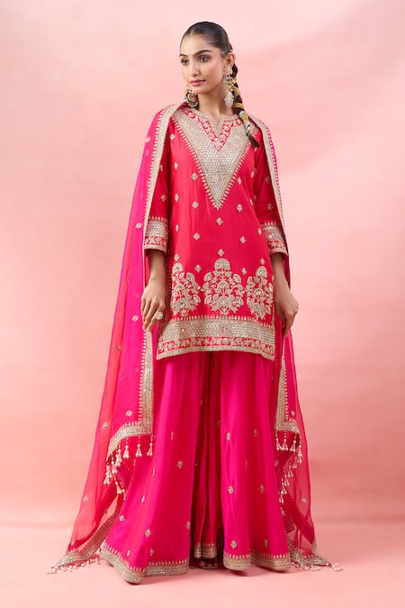 Buy_Surbhi Shah_Red Embroidery, Zari, Gota Patti, Tassels V-neck Gulmohar Kurta Sharara Set _Online_at_Aza_Fashions