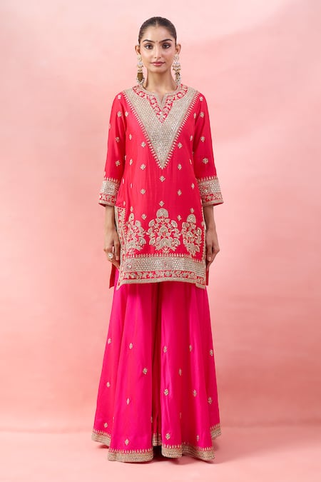 Shop_Surbhi Shah_Red Embroidery, Zari, Gota Patti, Tassels V-neck Gulmohar Kurta Sharara Set _Online_at_Aza_Fashions