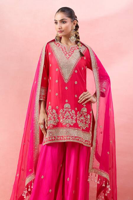 Surbhi Shah_Red Embroidery, Zari, Gota Patti, Tassels V-neck Gulmohar Kurta Sharara Set _at_Aza_Fashions