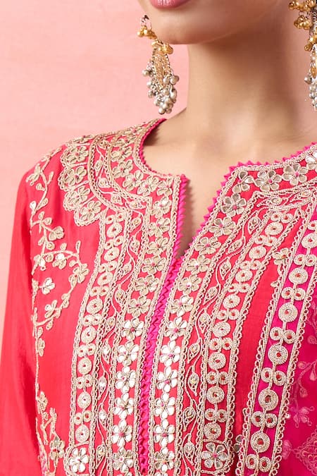 Surbhi Shah_Red Embroidery, Mirrors, Sequins, Tassels Split V-neck Phool Kurta Set _Online_at_Aza_Fashions