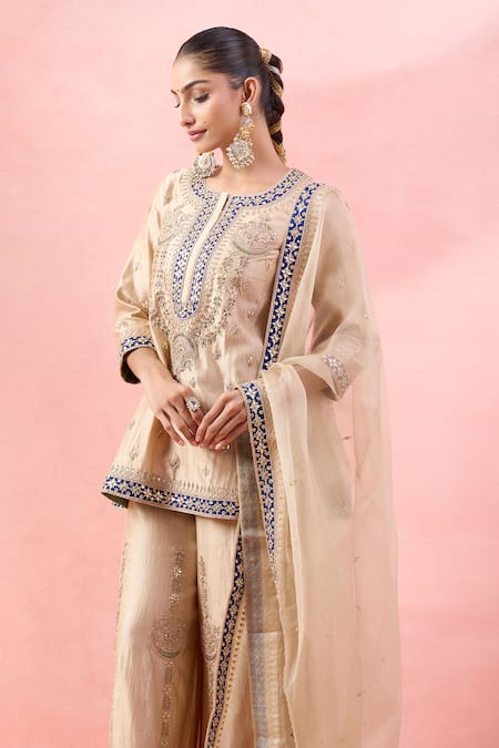 Surbhi Shah_Gold Embroidery, Mirrors, Sequins Round Neck Kurta Palazzo Set _Online_at_Aza_Fashions