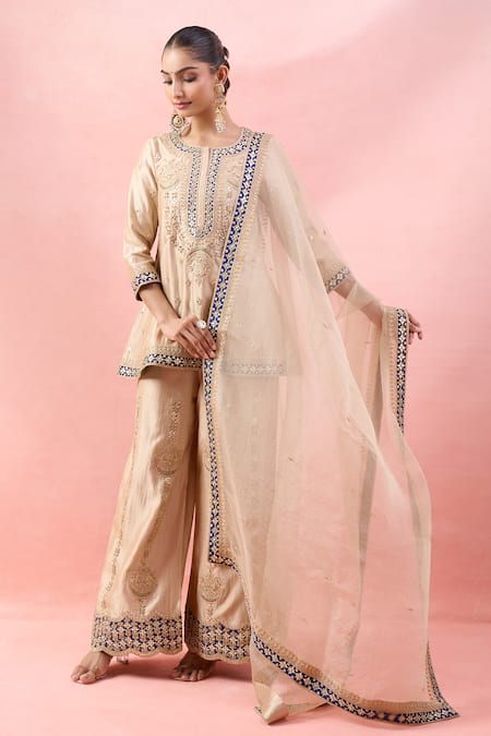 Buy_Surbhi Shah_Gold Embroidery, Mirrors, Sequins Round Neck Kurta Palazzo Set _Online_at_Aza_Fashions