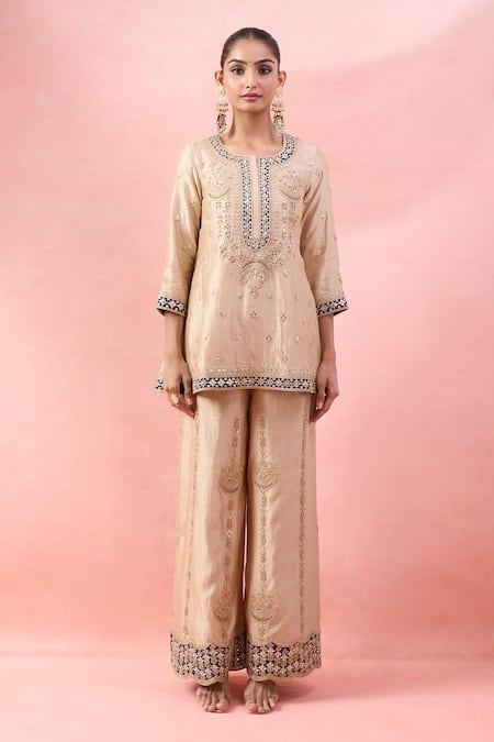 Shop_Surbhi Shah_Gold Embroidery, Mirrors, Sequins Round Neck Kurta Palazzo Set _Online_at_Aza_Fashions
