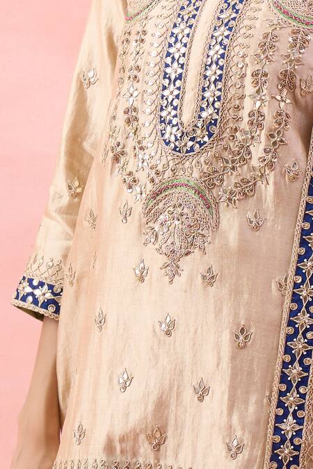 Surbhi Shah_Gold Embroidery, Mirrors, Sequins Round Neck Kurta Palazzo Set _at_Aza_Fashions