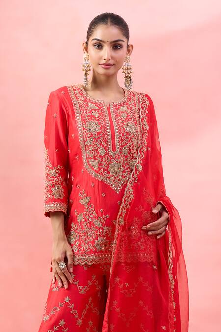Buy_Surbhi Shah_Orange Organza Embroidery, Sequins, Zari Round Neck Phool Bagh Kurta Set _Online_at_Aza_Fashions