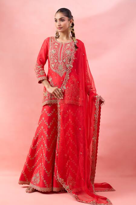 Shop_Surbhi Shah_Orange Organza Embroidery, Sequins, Zari Round Neck Phool Bagh Kurta Set _Online_at_Aza_Fashions