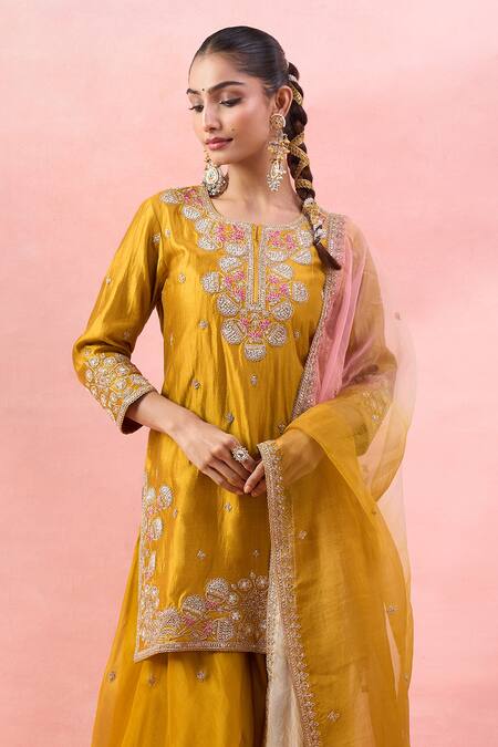 Surbhi Shah_Yellow Embroidery, Zari, Sequins Round Neck Kurta Sharara Set _Online_at_Aza_Fashions