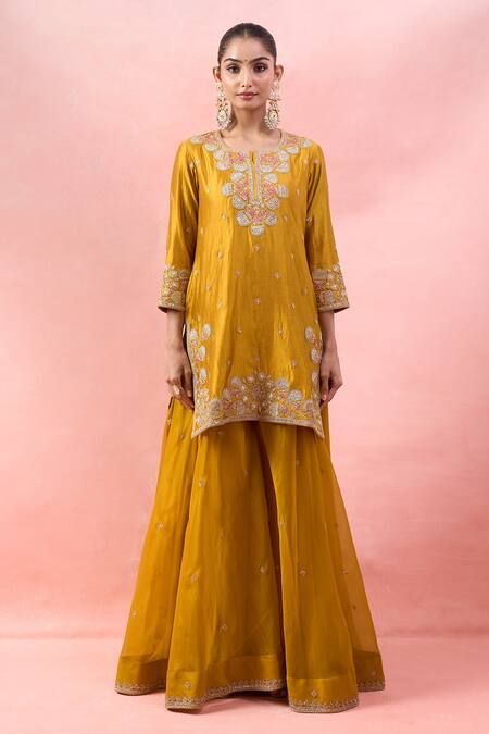 Buy_Surbhi Shah_Yellow Embroidery, Zari, Sequins Round Neck Kurta Sharara Set _Online_at_Aza_Fashions