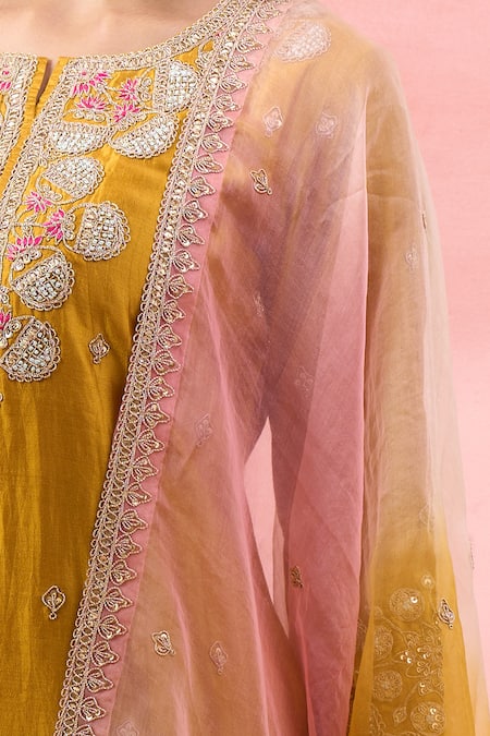 Buy_Surbhi Shah_Yellow Embroidery, Zari, Sequins Round Neck Kurta Sharara Set 