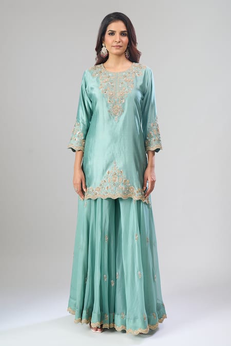 Buy_Surbhi Shah_Blue Organza Embroidery, Zari, Metallic Thread Round Sea Kurta Sharara Set _Online_at_Aza_Fashions