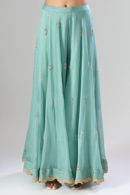 Shop_Surbhi Shah_Blue Organza Embroidery, Zari, Metallic Thread Round Sea Kurta Sharara Set _Online_at_Aza_Fashions