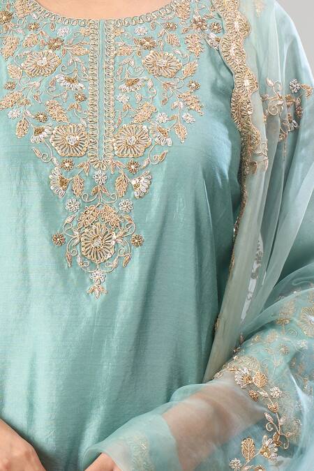 Surbhi Shah_Blue Organza Embroidery, Zari, Metallic Thread Round Sea Kurta Sharara Set _at_Aza_Fashions