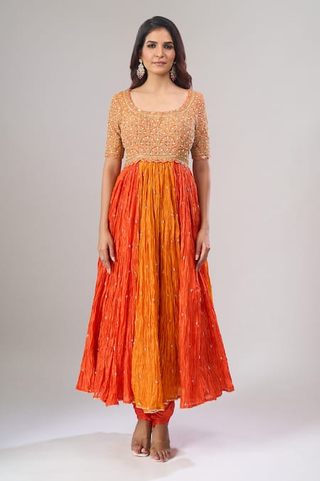Surbhi Shah_Orange Organza Embroidery, Sequins, Stones Round Neck Anarkali Set _Online_at_Aza_Fashions