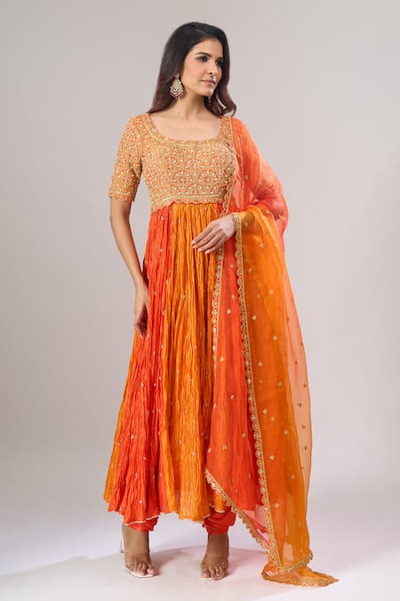 Buy_Surbhi Shah_Orange Organza Embroidery, Sequins, Stones Round Neck Anarkali Set _Online_at_Aza_Fashions