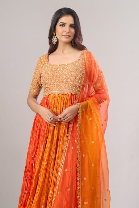 Surbhi Shah_Orange Organza Embroidery, Sequins, Stones Round Neck Anarkali Set _at_Aza_Fashions