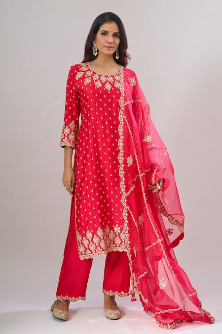 Buy_Surbhi Shah_Red Silk Embroidery, Zari Round Neck Kurta Set _Online_at_Aza_Fashions