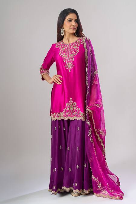 Surbhi Shah_Pink Organza Embroidery, Zari Round Neck Kurta Sharara Set _Online_at_Aza_Fashions
