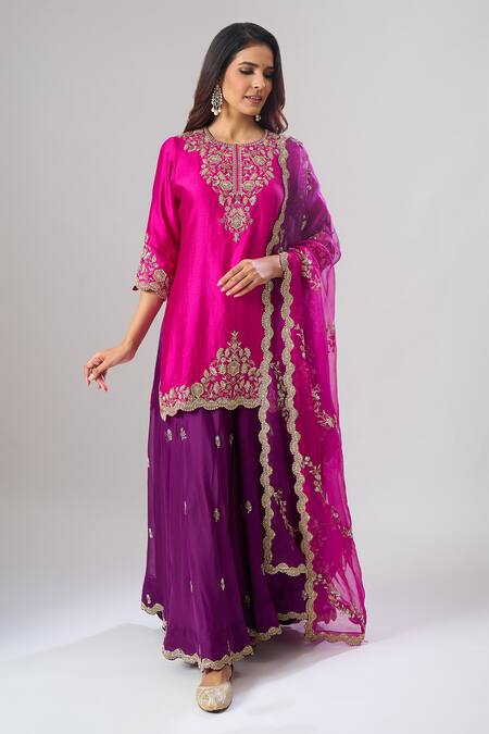 Surbhi Shah_Pink Organza Embroidery, Zari Round Neck Kurta Sharara Set _at_Aza_Fashions