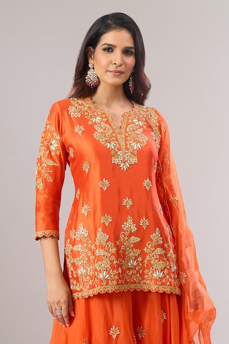 Surbhi Shah_Orange Organza Embroidery, Metallic Thread, Sequins V-neck Kurta Sharara Set _Online_at_Aza_Fashions