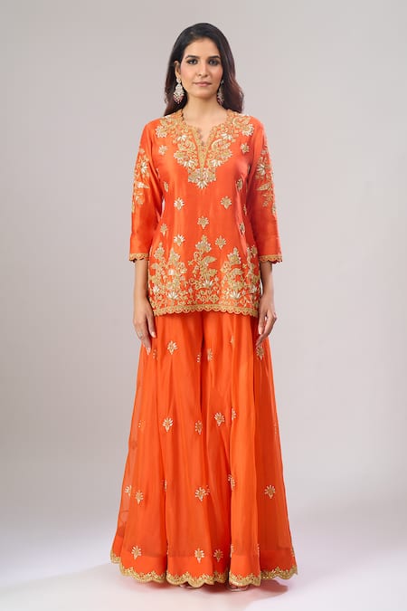 Shop_Surbhi Shah_Orange Organza Embroidery, Metallic Thread, Sequins V-neck Kurta Sharara Set _Online_at_Aza_Fashions