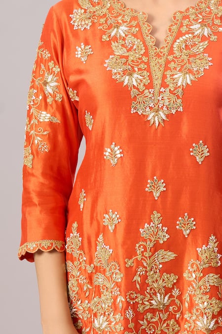 Surbhi Shah_Orange Organza Embroidery, Metallic Thread, Sequins V-neck Kurta Sharara Set _at_Aza_Fashions