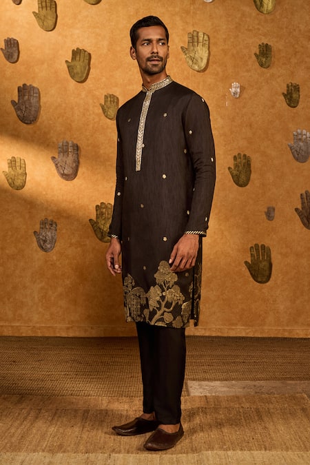 Shop_Masaba_Black Jacquard Embroidery, Zari Zen Kurta And Pant Set _Online_at_Aza_Fashions