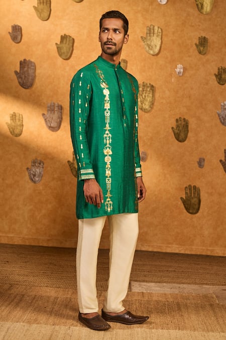 Shop_Masaba_Green Silk Foil Printing Totem Lines And Pot Kurta Set _Online_at_Aza_Fashions