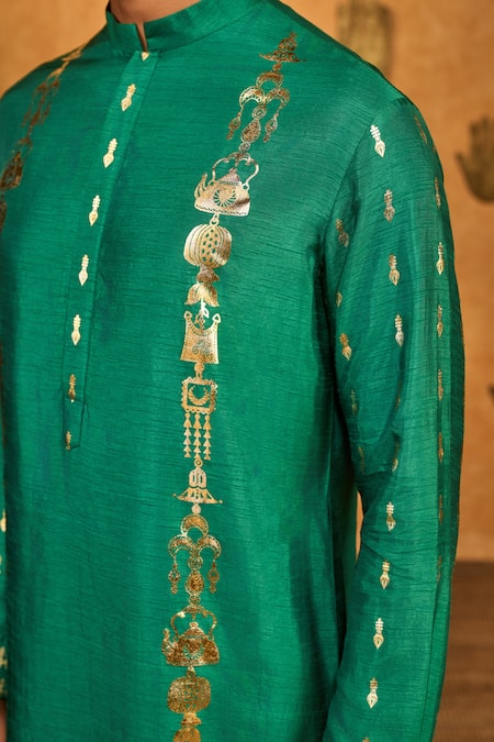 Masaba_Green Silk Foil Printing Totem Lines And Pot Kurta Set _at_Aza_Fashions