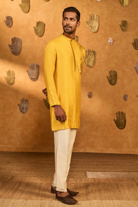 Masaba_Yellow Silk Foil Printing Trinklet And Pots Kurta & Pant Set _Online_at_Aza_Fashions