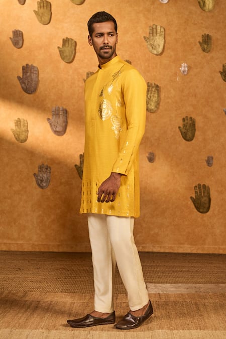 Shop_Masaba_Yellow Silk Foil Printing Trinklet And Pots Kurta & Pant Set _Online_at_Aza_Fashions