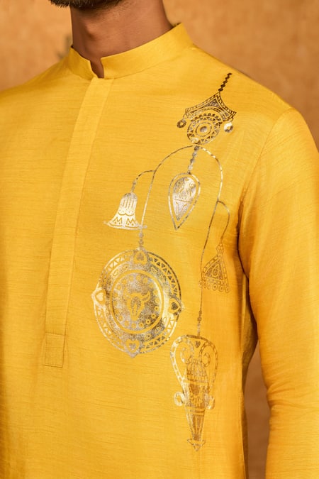 Masaba_Yellow Silk Foil Printing Trinklet And Pots Kurta & Pant Set _at_Aza_Fashions