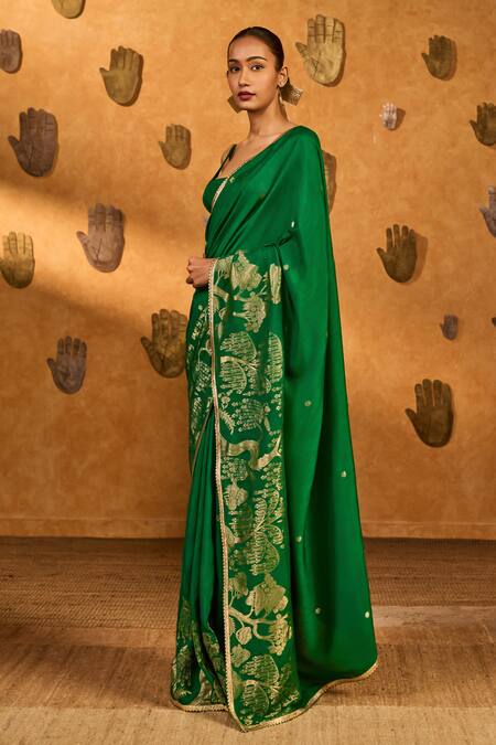 Shop_Masaba_Green Jacquard Zari, Embroidery Zen Saree With Unstitched Blouse Piece _Online_at_Aza_Fashions
