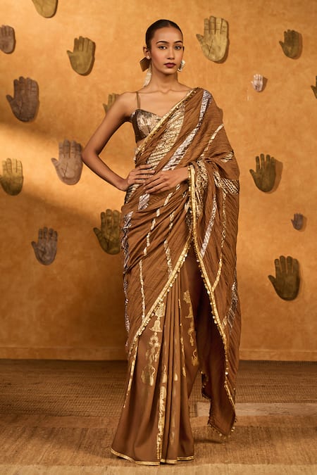 Masaba Mocha Lampi Totem Line Saree With Unstitched Blouse 