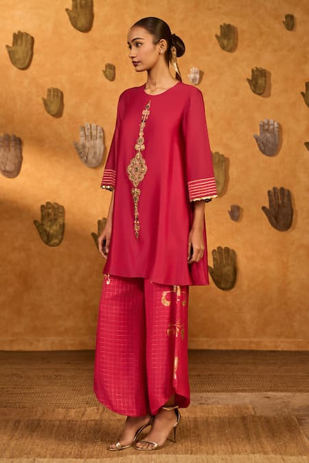 Shop_Masaba_Pink Silk Embroidery, Sequins, Zari, Raspberry Windrop Kurta And Checks Pant Set _Online_at_Aza_Fashions