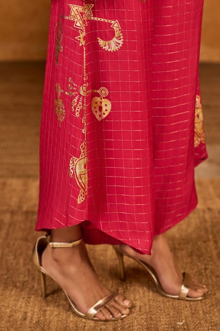 Masaba_Pink Silk Embroidery, Sequins, Zari, Raspberry Windrop Kurta And Checks Pant Set _at_Aza_Fashions