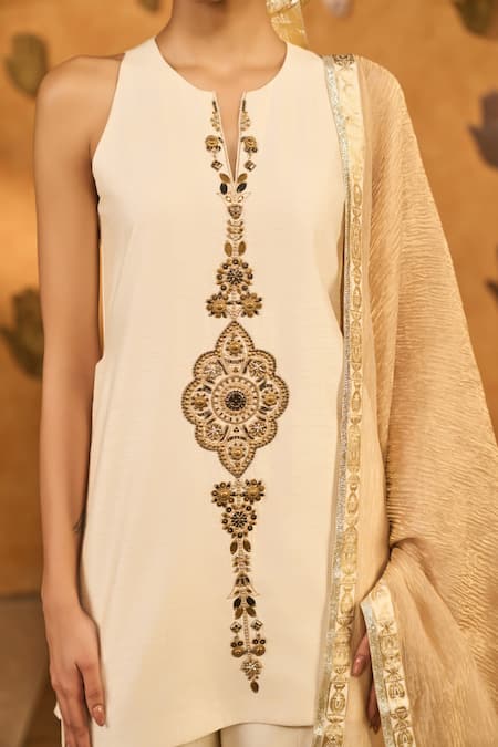 Masaba_Ivory Silk, Tissue Embroidery, Metallic Thread, Foil Gilded Kurta And Pant Set _at_Aza_Fashions