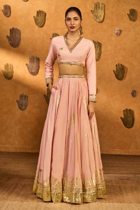 Buy_Masaba_Pink Silk, Organza Foil Printing, Zari, Mandarin Gilded Stream Lehenga Set _Online_at_Aza_Fashions