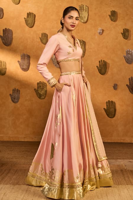 Shop_Masaba_Pink Silk, Organza Foil Printing, Zari, Mandarin Gilded Stream Lehenga Set _Online_at_Aza_Fashions