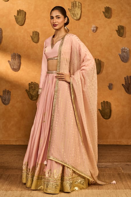 Masaba_Pink Silk, Organza Foil Printing, Zari, Mandarin Gilded Stream Lehenga Set _at_Aza_Fashions