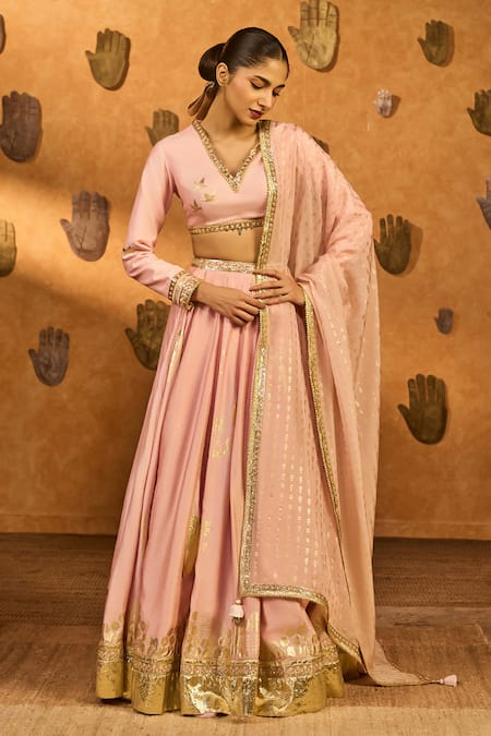 Buy_Masaba_Pink Silk, Organza Foil Printing, Zari, Mandarin Gilded Stream Lehenga Set 
