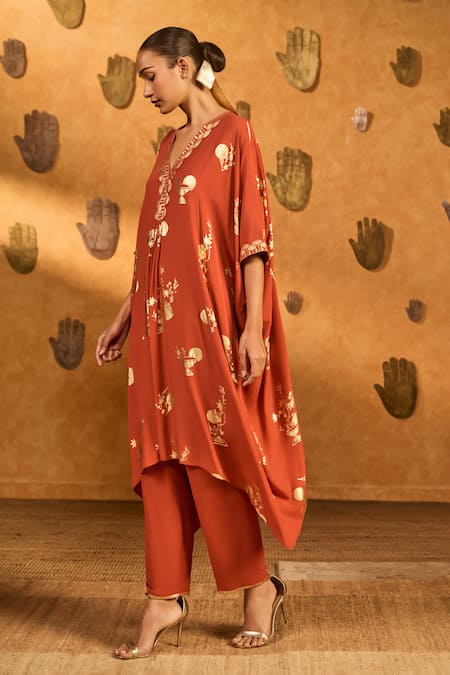 Masaba_Rust Crepe, Silk Foil Printing, Embroidery Moon Garden Kaftan Kurta And Pant Set _Online_at_Aza_Fashions