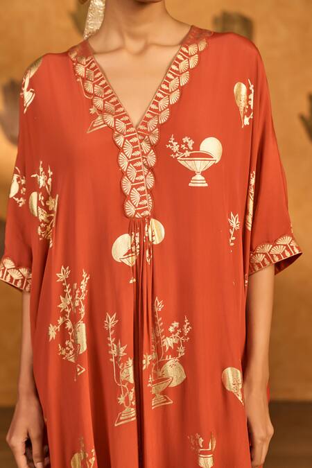 Shop_Masaba_Rust Crepe, Silk Foil Printing, Embroidery Moon Garden Kaftan Kurta And Pant Set _Online_at_Aza_Fashions