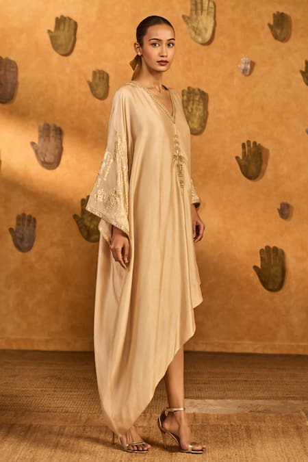 Buy_Masaba_Beige Silk Sequins, Embroidery Oatmeal Garden Print Asymmetric Kaftan _Online_at_Aza_Fashions