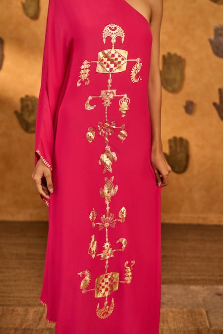 Shop_Masaba_Red Crepe Foil Printing One Shoulder Raspberry Wishdrop Kaftan _Online_at_Aza_Fashions
