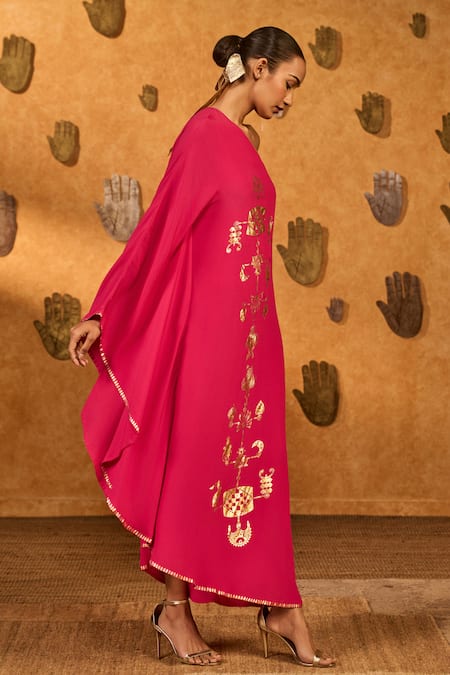 Masaba_Red Crepe Foil Printing One Shoulder Raspberry Wishdrop Kaftan _at_Aza_Fashions
